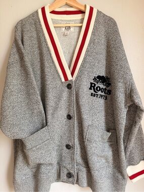 Roots Logo Button Cadigan Swestshirt - Logo on Front & Back LARGE